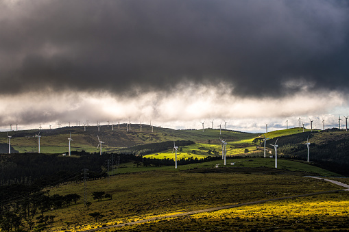 Non urban scene of wind turbines in northwest Spain. Sustainable development, renewable energy.