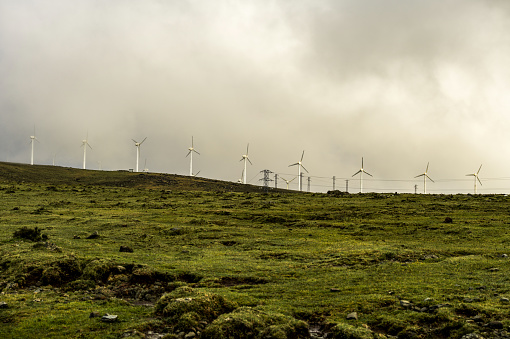 Non urban scene of wind turbines in northwest of Spain. Sustainable development, renewable energy.