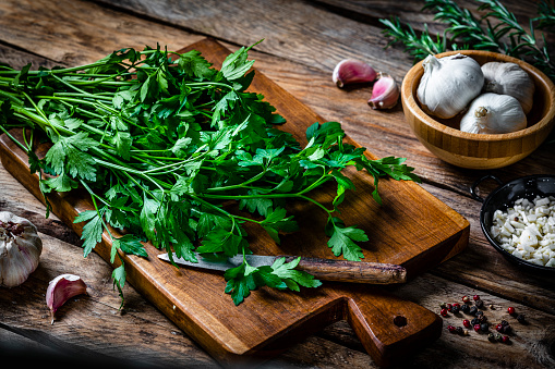 Fresh organic parsley branches on rustic table