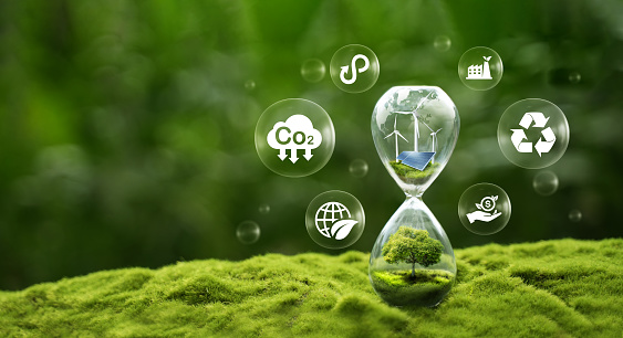 LCA life cycle assessment concept. Hourglass with LCA icon. Environmental impact assessment related to product value chain. Business value chains and sustainable growth.