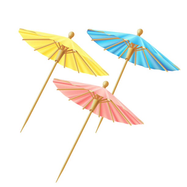 illustrations, cliparts, dessins animés et icônes de ensemble de parapluies à cocktail bleus, jaunes, roses - drink umbrella umbrella pink paper