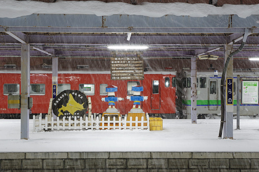 Furano-city, Hokkaido, Japan - March 2, 2024 : KIHA 40 Local train at the Furano station