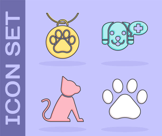 istock Set Paw print, Collar with name tag, Cat and Veterinary clinic symbol icon. Vector 2065697642