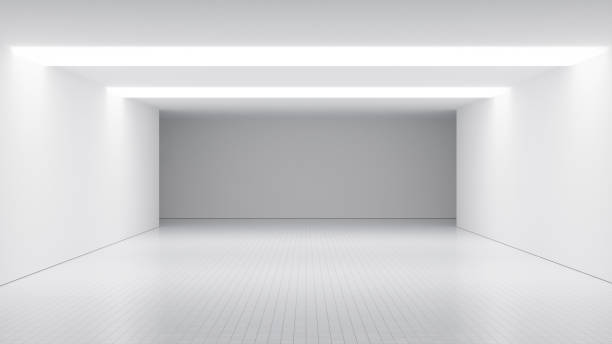 istock Blank empty corridor - white background empty room illuminated, large white room background and white walls and tile flooring empty space. white background abstract place, design interior room 2065697789