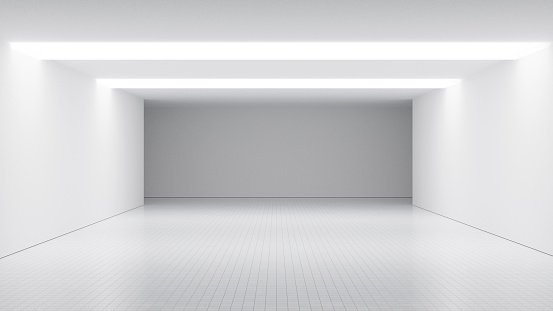 Blank empty corridor - white background empty room illuminated, large white room background and white walls and tile flooring empty space. white background abstract place, design interior room.
