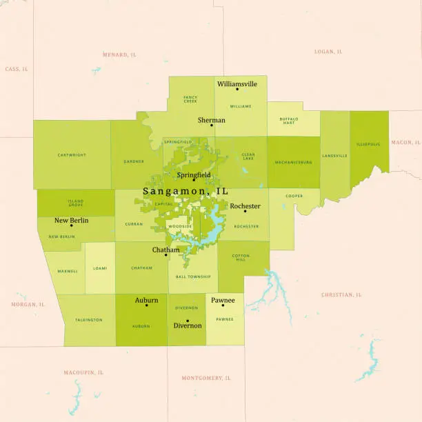 Vector illustration of IL Sangamon County Vector Map Green