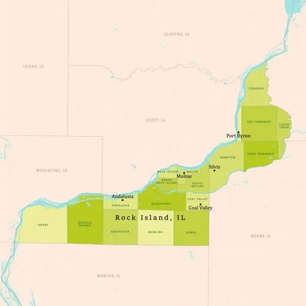 Vector illustration of IL Rock Island County Vector Map Green