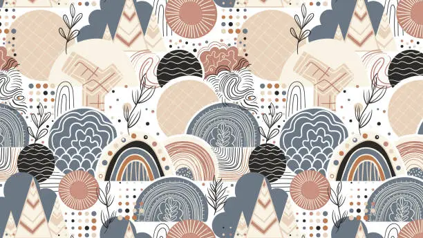 Vector illustration of Seamless pattern with hand drawn decorative elements. Scandinavian style. Vector illustration.