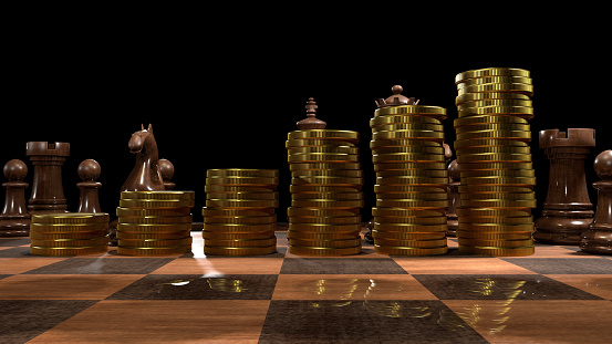 Growth coun stack on a chess table, financila theme 3d rendering