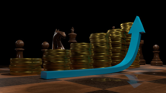 Growth coun stack on a chess table, financila theme 3d rendering. decorated with growth arrow