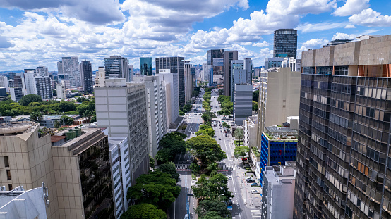 Aerial view of Avenida Brigadeiro Faria Lima, Itaim Bibi. Iconic commercial buildings in the background