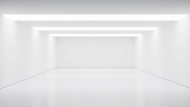 istock Bright white large room with white walls and white blank tile floor illuminated with spotlights, illuminated hall room indoor interior design white background with spotlights empty room minimalism 2065701241