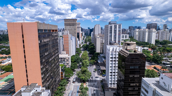 Aerial view of Avenida Brigadeiro Faria Lima, Itaim Bibi. Iconic commercial buildings in the background