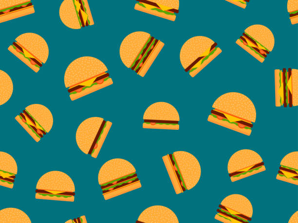 istock Hamburgers seamless pattern. Cheeseburgers and hamburgers in flat style. Cheeseburger with two cutlets. Bun with sesame seeds, cutlet, cheese and sauces. Design for wallpaper. Vector illustration 2065711811