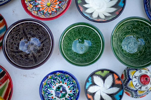 beautifully handmade bowls in our display of a shop, Khiva, the Khoresm agricultural oasis, Citadel.
