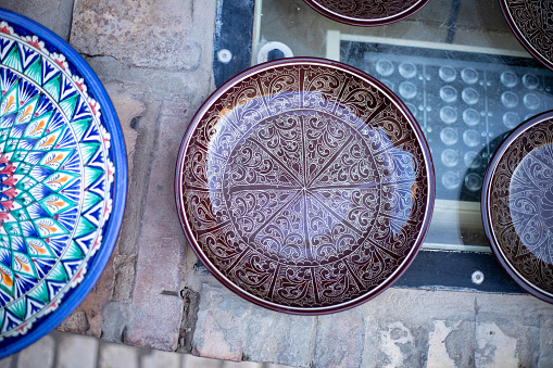 beautiful hand designed plate in a display, Khiva, the Khoresm agricultural oasis, Citadel.