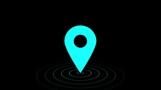 Animated colorful location icon on a black background.