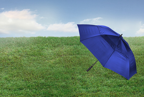 An open blue umbrella on a grass lawn surface