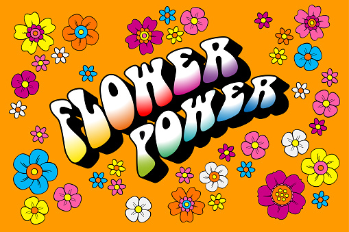 Flower power lettering surrounded by numerous and colorful hippie flowers, on orange background. Slogan that was used in the 60s and 70s as a symbol of passive resistance and nonviolent ideology.