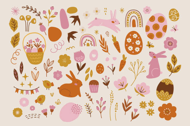 ilustrações de stock, clip art, desenhos animados e ícones de easter design elements - rabbit, chicken, egg, leaves, flower, berry, carrot - easter traditional culture backgrounds basket