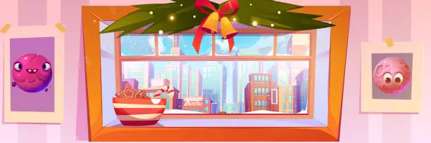 Vector illustration of Window of room with xmas decor and view on city