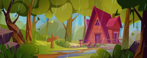Vector illustration of Wooden house standing in forest under rain.