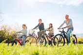 Smiling father and mother with two daughters during summer outdoor bicycle riding. They enjoy togetherness on green high grass meadow. Happy parenthood and childhood or active sport life concept image