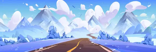 Vector illustration of Empty road leading to rocky mountains in winter.
