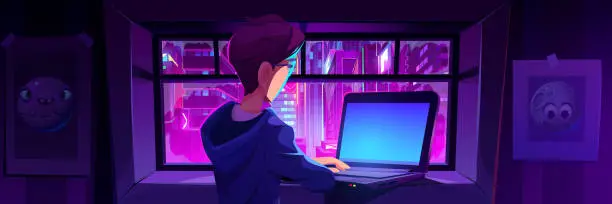 Vector illustration of Young man using laptop standing by window at night