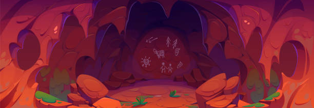 illustrations, cliparts, dessins animés et icônes de grotte préhistorique avec peinture d’homme des cavernes sur les murs. - cave painting caveman hunter hunting