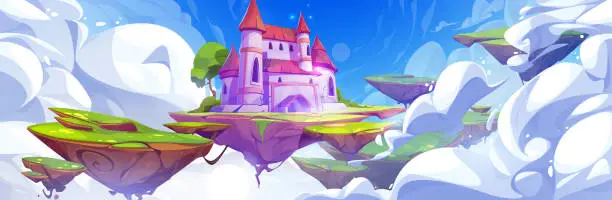 Vector illustration of Fantastic fairytale castle on flying island in sky