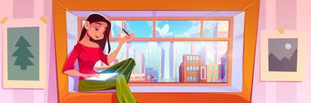 Vector illustration of Young woman using tablet sitting on windowsill