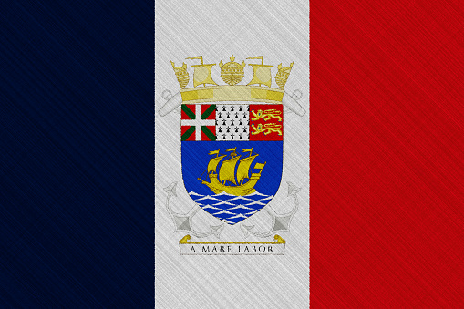 Coat of arms of Federation of Territorial Collectivity of Saint-Pierre and Miquelon on the flag of France on textured background. Concept collage.