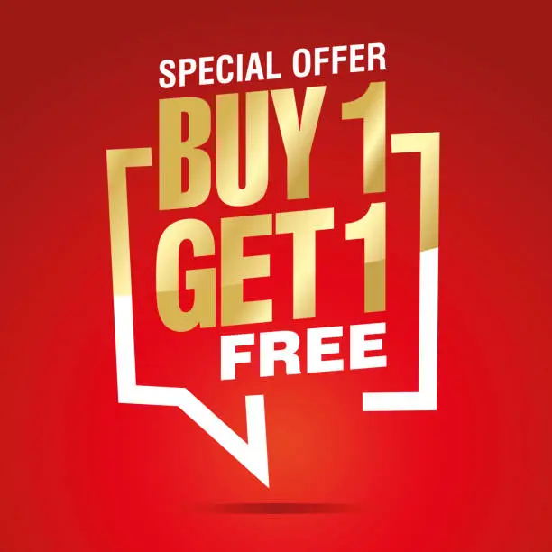 Vector illustration of Buy 1 get 1 free in brackets speech gold white red sticker icon