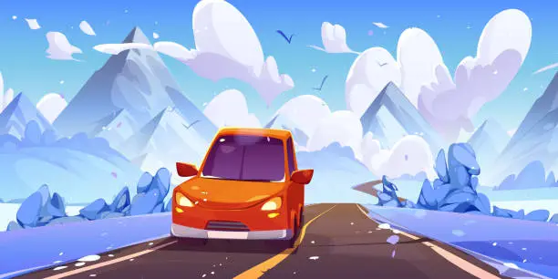 Vector illustration of Red car drive road from mountains in winter.