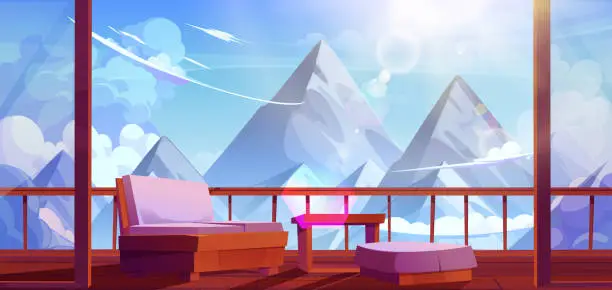 Vector illustration of Wooden terrace with mountain view above clouds