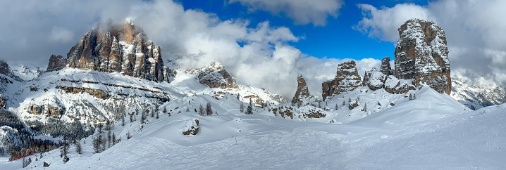 View of the Sella Group with snow in the Italian Dolomites