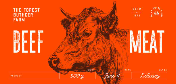 kuh-, stier-, rinderkopf-, fleischetikett - rindfleisch stock-grafiken, -clipart, -cartoons und -symbole