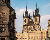 Astronomical Clock with Tyn Church in the background in Prague