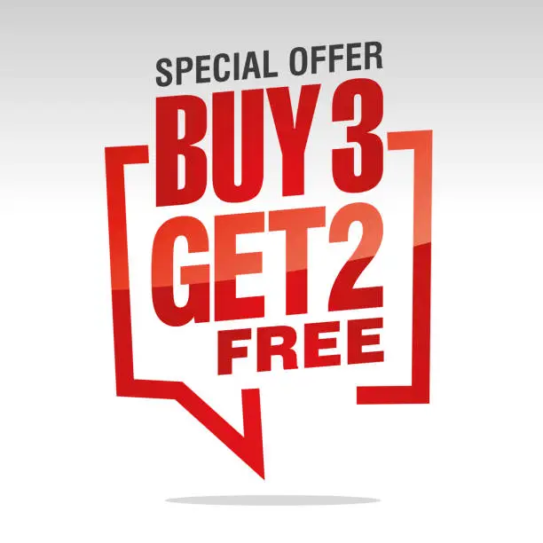 Vector illustration of Buy 3 get 2 free in brackets speech red white isolated sticker icon