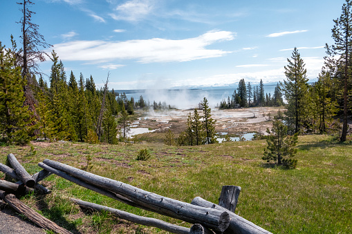 The most famous hot spring in the World, Grand Prismatic Spring, viewed from the fairy falls trail in Yellowstone National Park