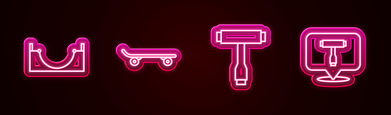 Set line Skate park, Skateboard, T tool and . Glowing neon icon. Vector.