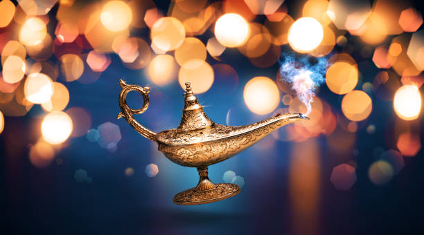 istock Golden magic lamp and bokeh lights background 2065812185