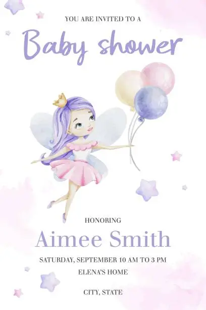 Vector illustration of Little fairy with air balloons and stars. Cute baby shower watercolor invitation card. New born celebration. Layout of a children's birthday postcard. Template of newborn's party invitation.