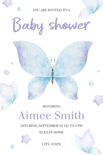 Vector illustration of Blue butterflies and stars. Cute baby shower watercolor invitation card. New born celebration. Layout of a children's birthday postcard. Template of newborn's party invitation.