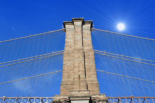 Brooklyin Bridge's pedestrian walkway at sunrise, New York City