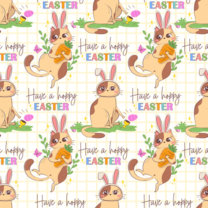 Seamless pattern with a cartoon cat with bunny ears and the pun inscription Have a hoppy easter isolated on a pastel background. Spring funny character