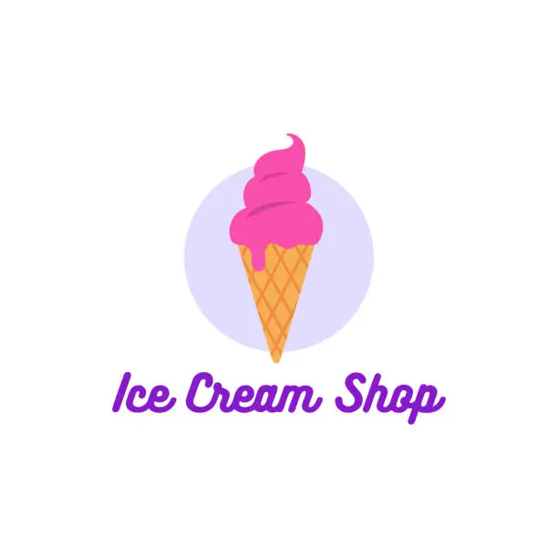 Vector illustration of Ice cream shop logo. Melting gelato in waffle cone.