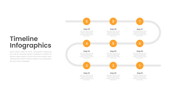 Timeline infographic with 9 steps for business presentation. Vector Infographic