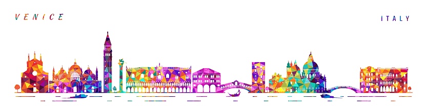Colorful abstract silhouettes of Venice city landmarks poster design, travel and tourism